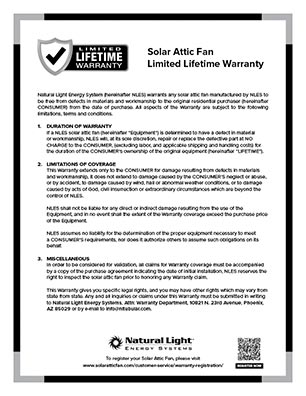 Natural Light Solar Attic Fan Warranty Thumb